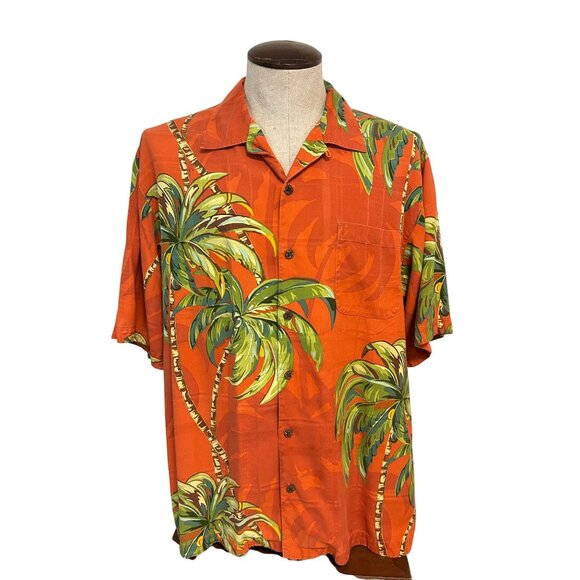 Tommy Bahama Tropical Palm Tree Orange Silk Short Sleeve Button-Up Shirt Large - Picture 1 of 5